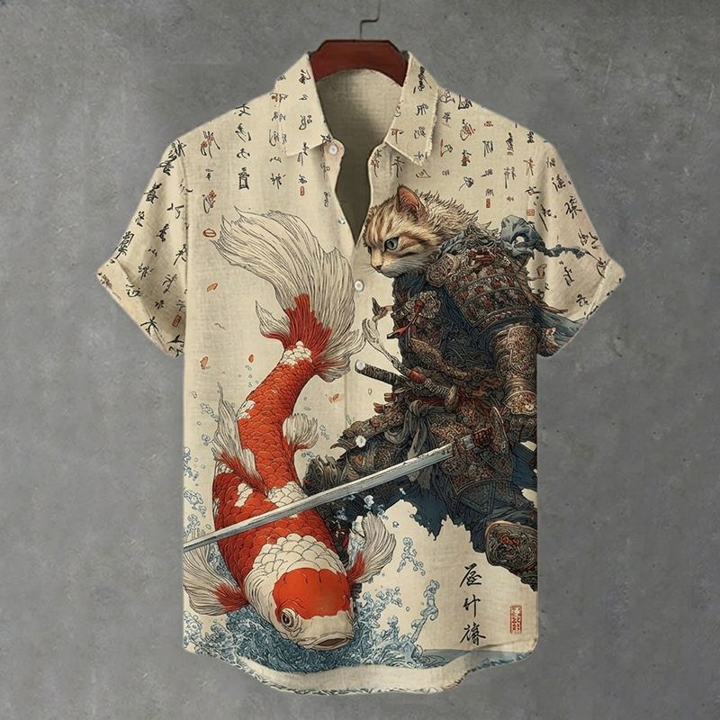 Men's Fun Cat And Koi Pattern Printed Short-sleeve Shirt elevenforest