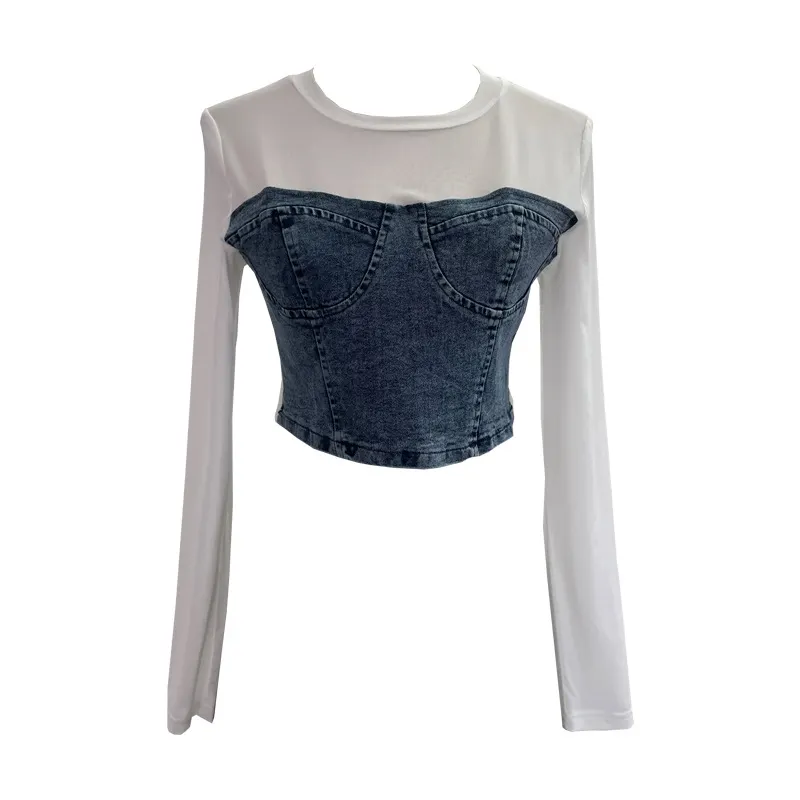 Churchf Fashion Fake Two Denim Splicing Mesh Long Sleeve Top Short Open Umbilion T-Shirt 2623