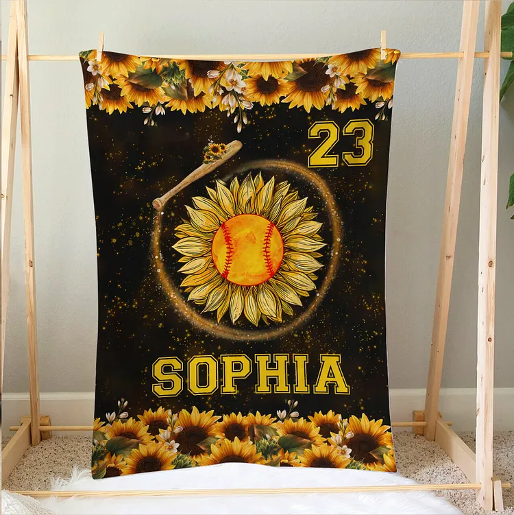 Personalized Softball Blanket, Softball Sunflower Soft Cozy Blankets | BKKid441