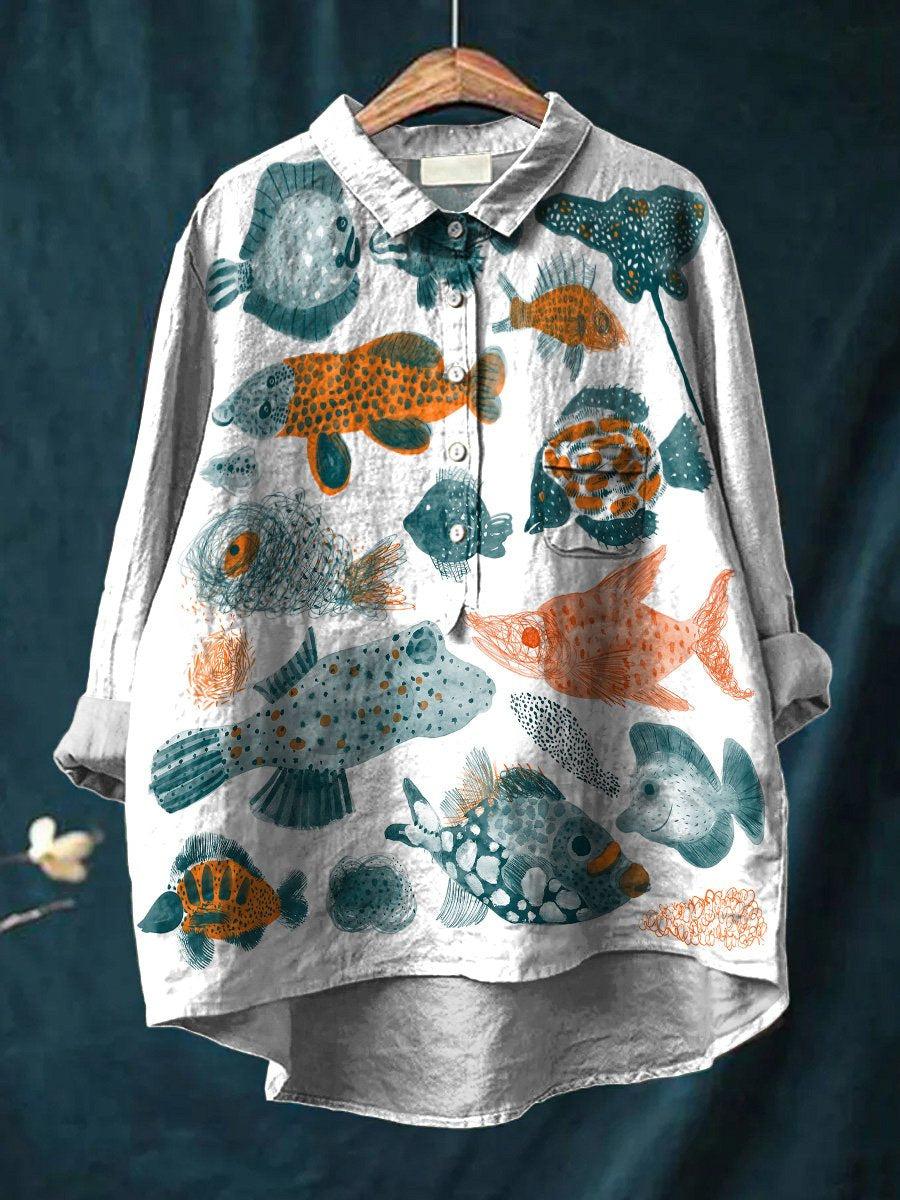 Watercolor Sea Life Decorative Pattern Casual Cotton And Linen Shirt