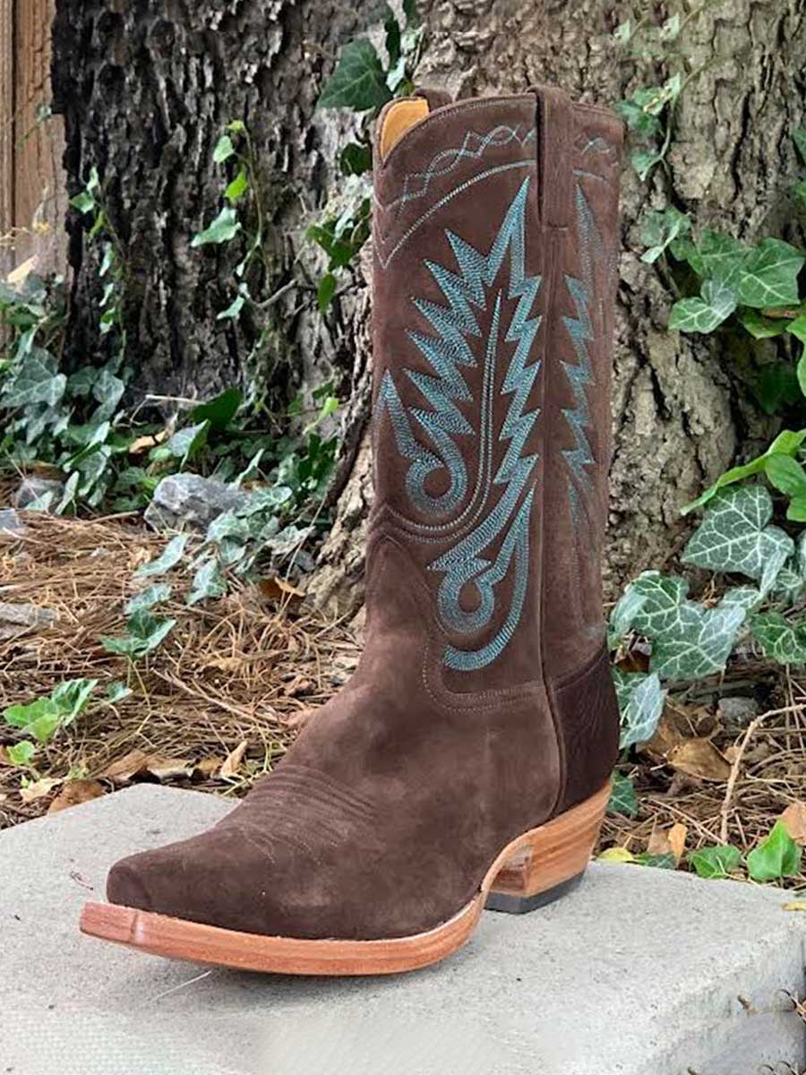 Brown Faux Suede Snip Toe Embroidered Wide-Calf Cowboy Boots   