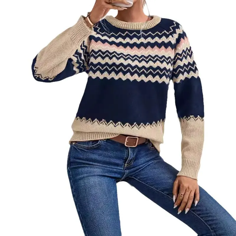 Athvotar Athvotar Women's Sweater Fashion Round-Neck Knitted Top Classic Striped Knitted Shirt