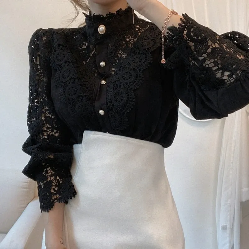 Petal Sleeve Stand Collar Hollow Out Flower Lace Patchwork Shirt Femme Blusas All-match Women Lace Blouse Button White Top 12419