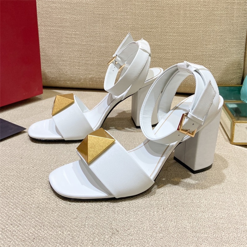 Leather Ankle Strappy Sandals Women Chunky Heel Big Metal Rivet Open Toe Shoes