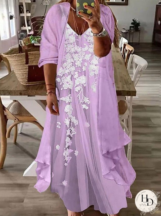 Plus Size Casual Dress Dress Set Two Piece Dress Floral Long Dress Maxi Dress 3/4 Length Sleeve Print V Neck Fashion Daily Pink Blue Spring Summer L XL XXL 3XL for Women