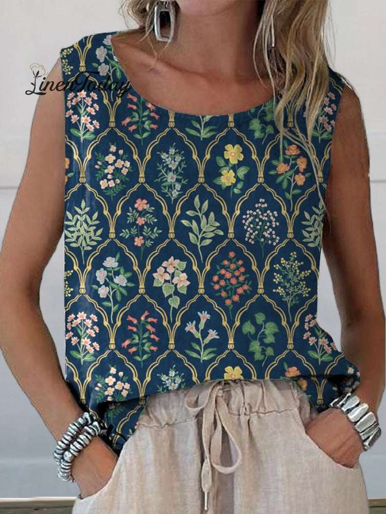Women&rsquo;s Retro Floral Art Print Casual Cotton And Linen Tank Top Multicolor / S