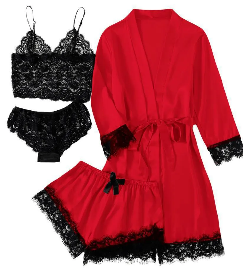 Churchf 2021 New Ladies Pajamas Four-Piece Sexy Sling Skirt Set Home Lace Pajamas Set