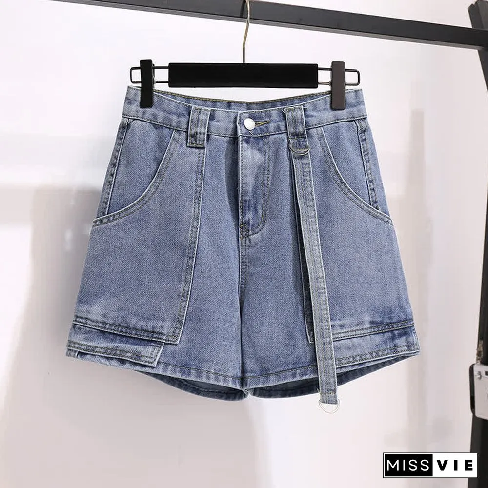 Vintage Print Loose Laple T-Shirt Pocketed Denim Shorts