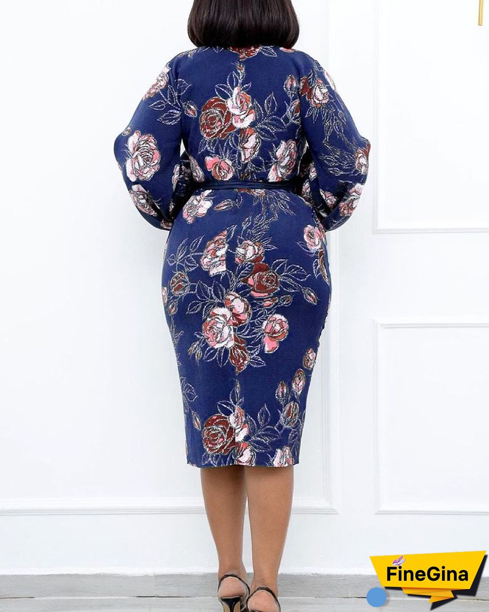 Floral Print Lantern Sleeve Belted Dress