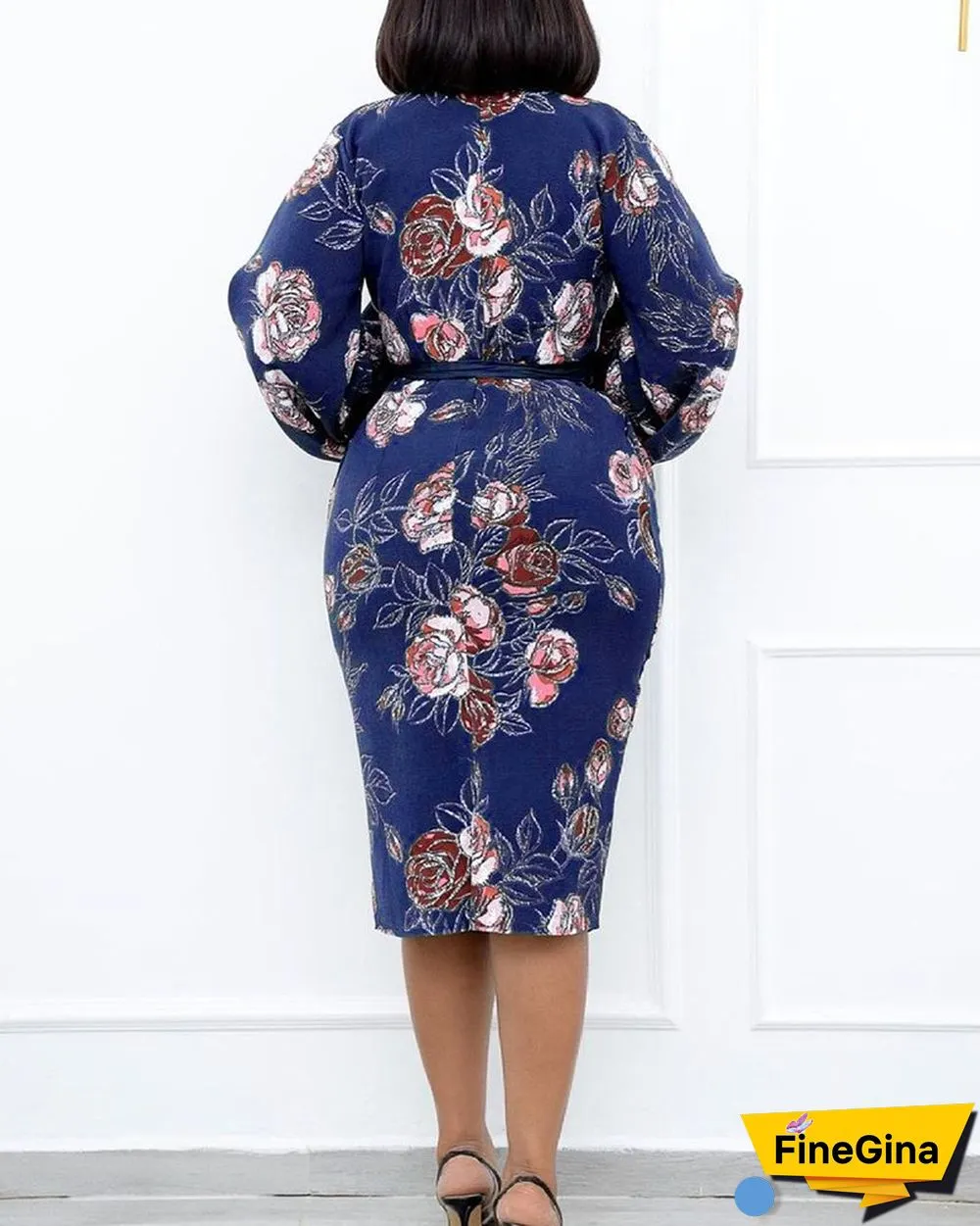 Floral Print Lantern Sleeve Belted Dress
