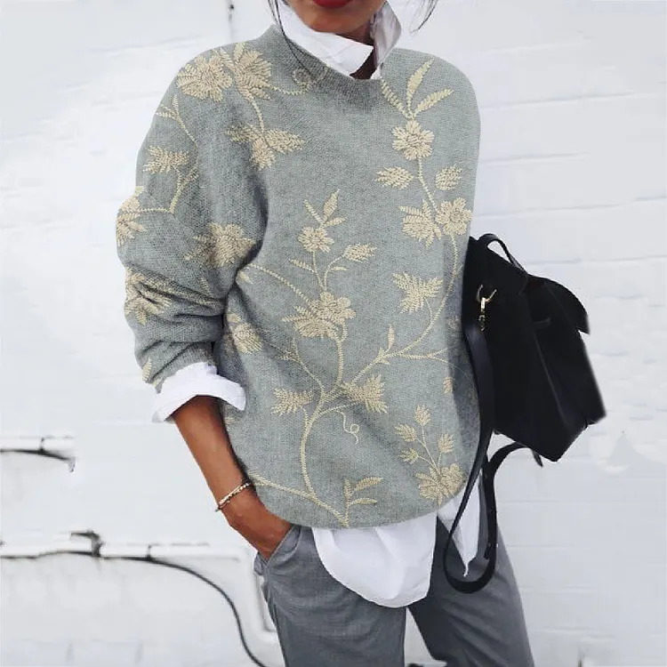 Women's Retro Floral Art Print Casual Sweater