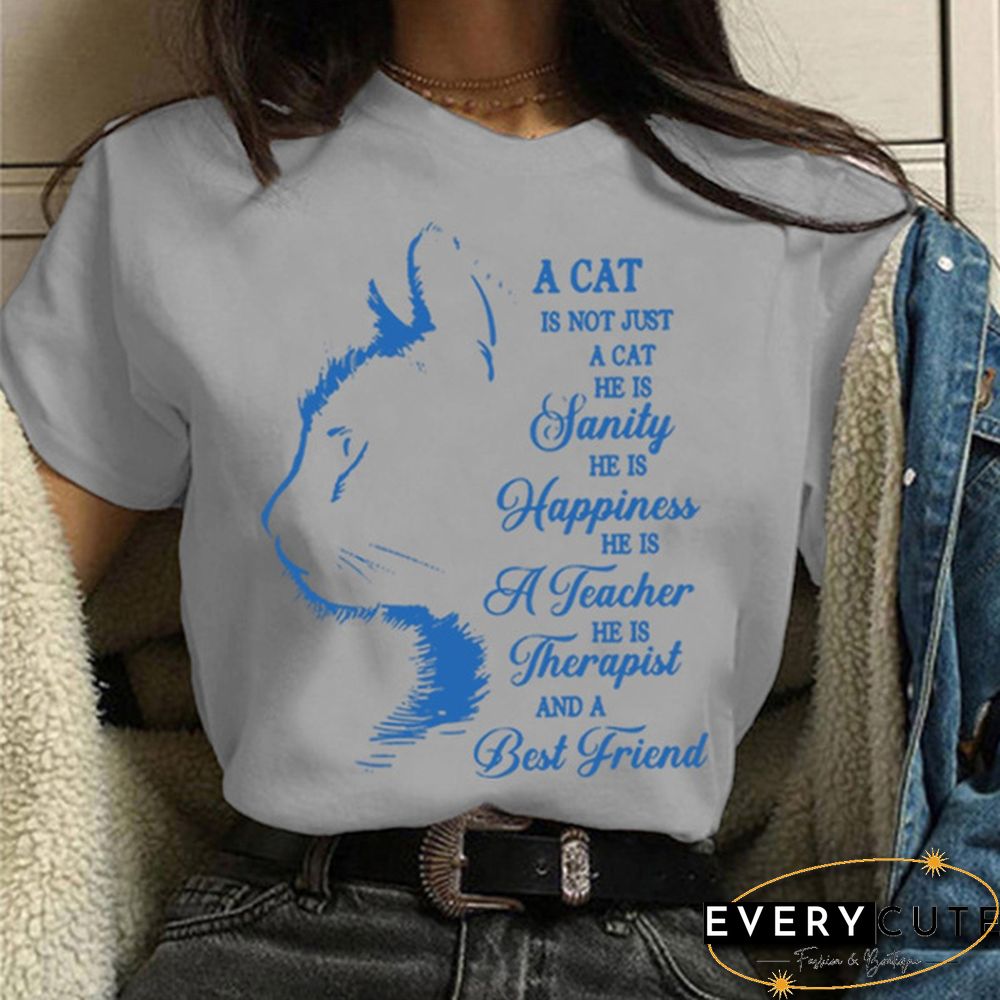 Women and Girls Cat&Letter Print Short Sleeve T-shirt Summer Short Sleeves Womens Solid Color Tees Tops Graphic Cute Cat Shirts Gifts for Cat Lovers