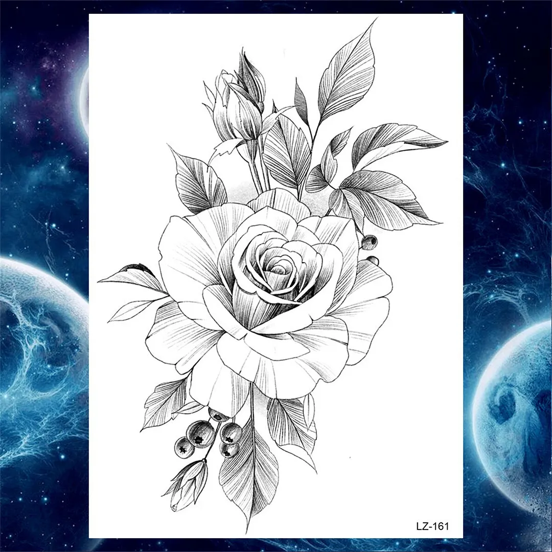 Black Rose Flower Temporary Tattoos For Women Girls Floral Peony Tattoo Sticker Dahlia Fake Anemone 3D Arm Tatoos Self Adhesive