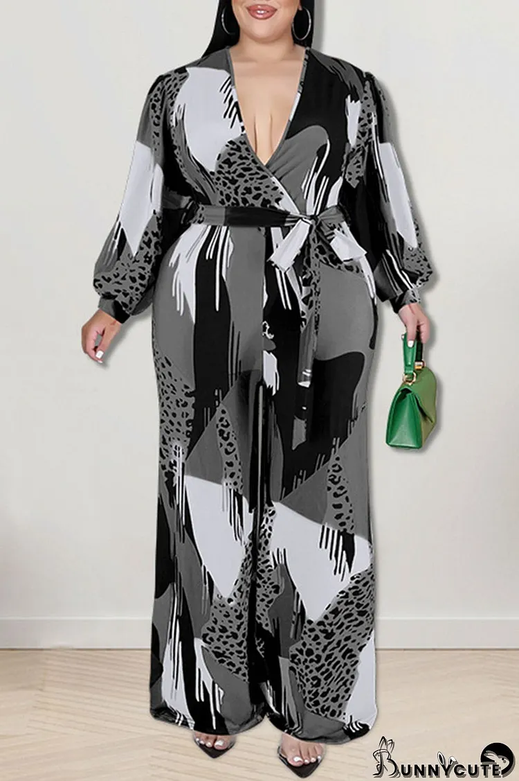 Black Casual Print Patchwork V Neck Plus Size Jumpsuits