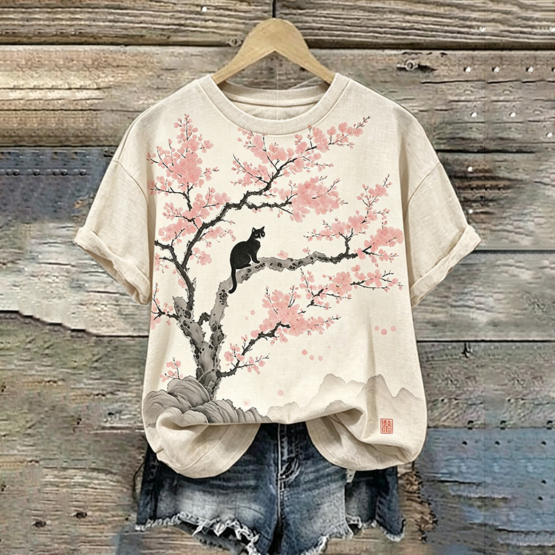 Comstylish Retro Cute Cat And Cherry Blossom Pattern Casual Short-sleeved T-shirt