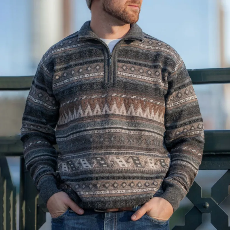 Retro Knitted Jacquard Iceland Half Zip Neck Sweater