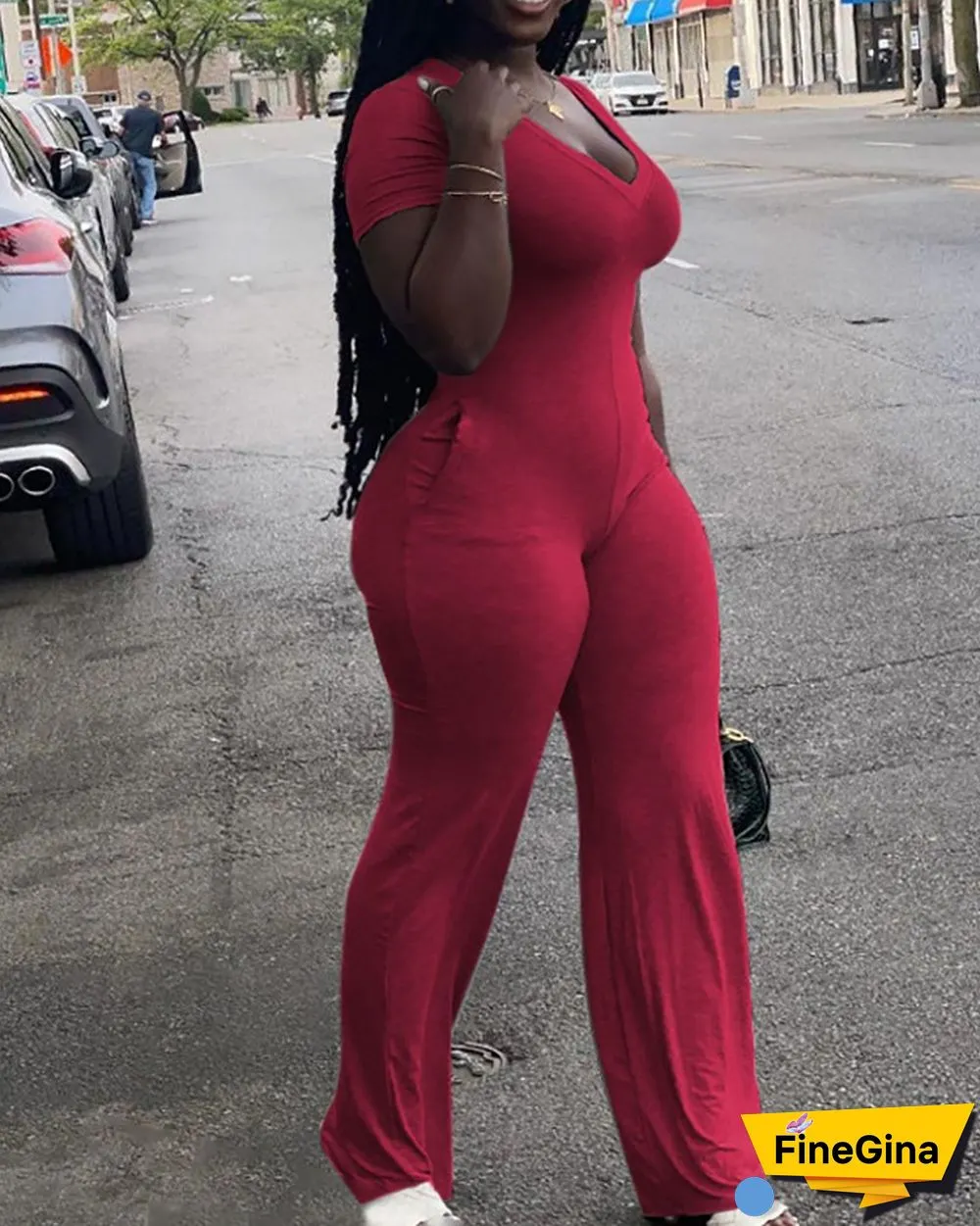 Plus Size Pocket Design Short Sleeve Jumpsuit