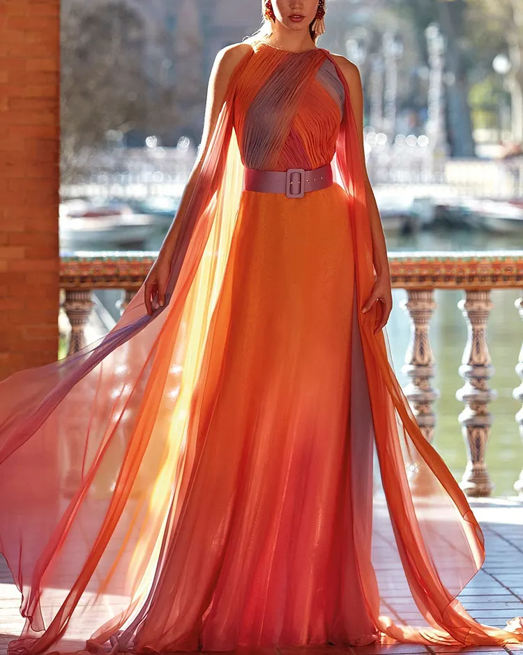 Pleated Bodice Degraded Chiffon Dress