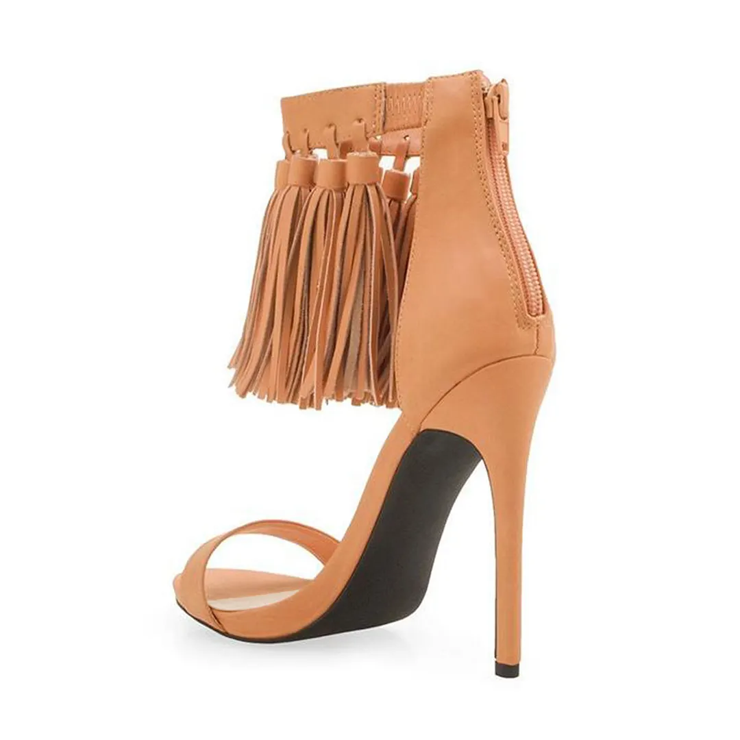 Stylish Nude Open Toe Tassels Decor Ankle Strap High Heels Sandals