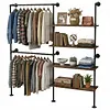 [US Local Warehouse] 14.6x76x82.7Inch Industrial Pipe Clothing Rack with Hanging Rods Heavy Duty Clothes Organizer Large Capacity Display Hanging Garment Rod Wooden Clothes Storage Shelves for Walk In Closet