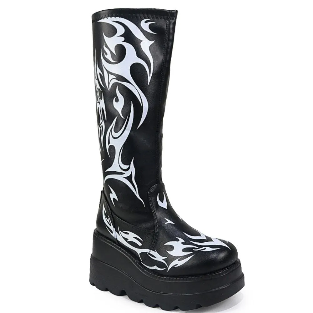 2021 Big Size 43 Gothic Style Black Wedges High Heels Platform Trendy Cool Autumn Winter Motorcycles Boots Shoes Women Footwear 1026-1