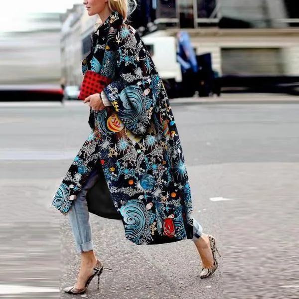 Brownm Long Flared Sleeves Printed Loose Coats