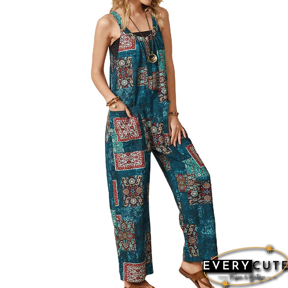 Women Summer Baggy Retro Jumpsuit Vintage Printed Loose Casual Sleeveless Overall Long Romper Playsuit Trousers Pants
