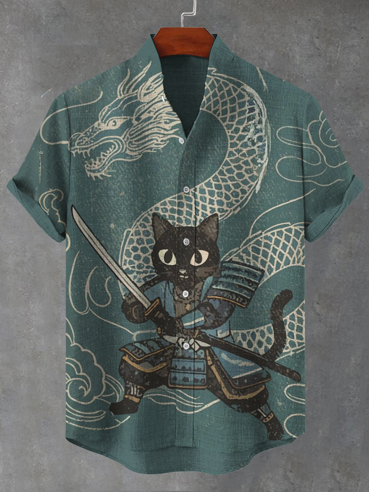 Samurai Cat & Dragon Art Comfy Linen Shirt elevenforest