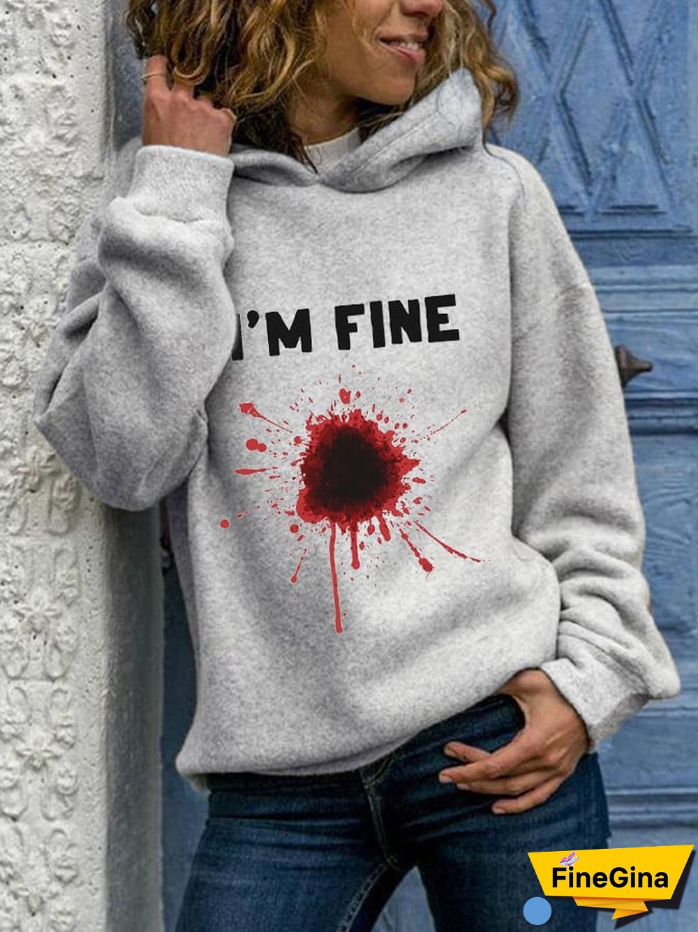 Women's Halloween Funny I'M FINE Bloodstained Print Hoodie