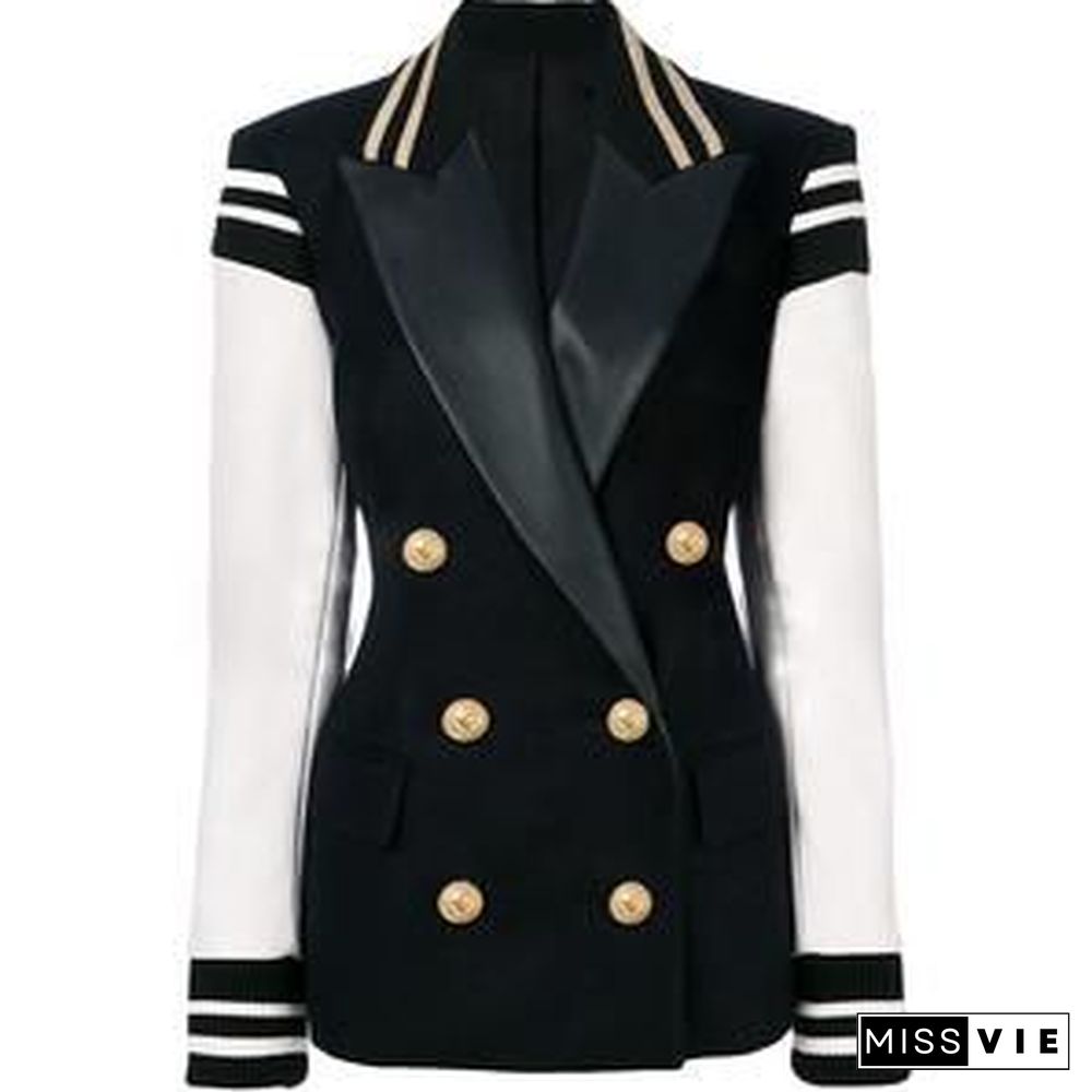 Naval Varsity Stripes Color Block Leather Blazer Jacket