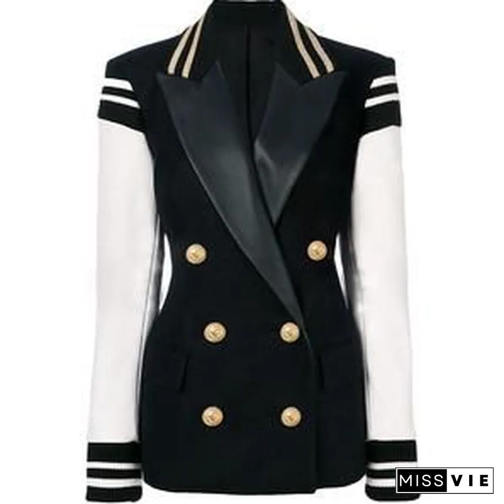 Naval Varsity Stripes Color Block Leather Blazer Jacket