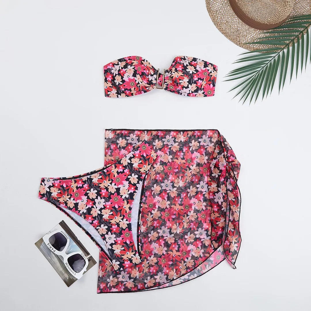 Churchf 2025 Swimsuit Women Divided Metal U-Shaped Bikini Bikini Three-Piece Printed Swimsuit