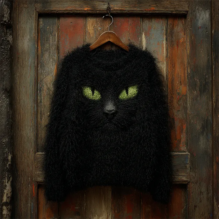 Halloween Fuzzy Black Cat Inspired Cozy Knit Sweater