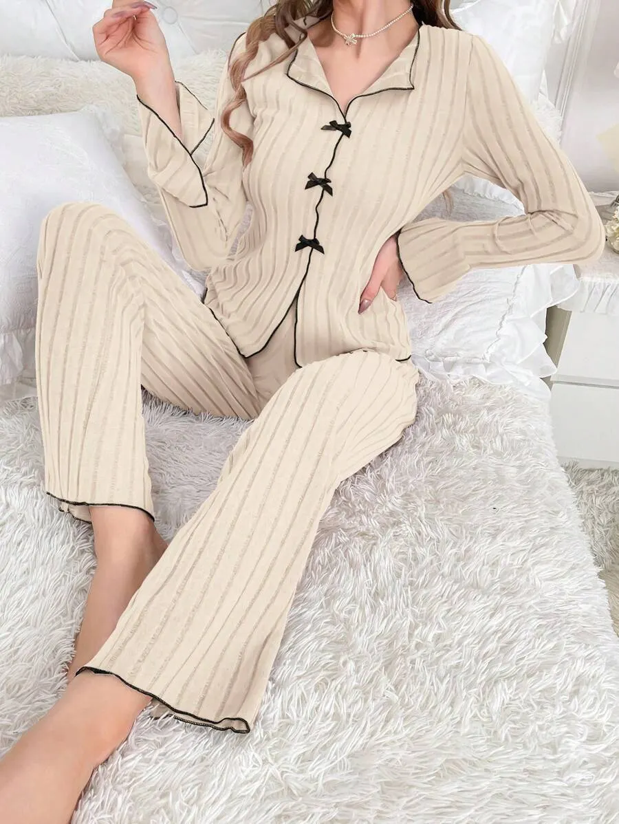 Churchf Pajamas Women Simple Fashion Collar Casual Bow Long Sleeve Trousers Homewear Suit Women