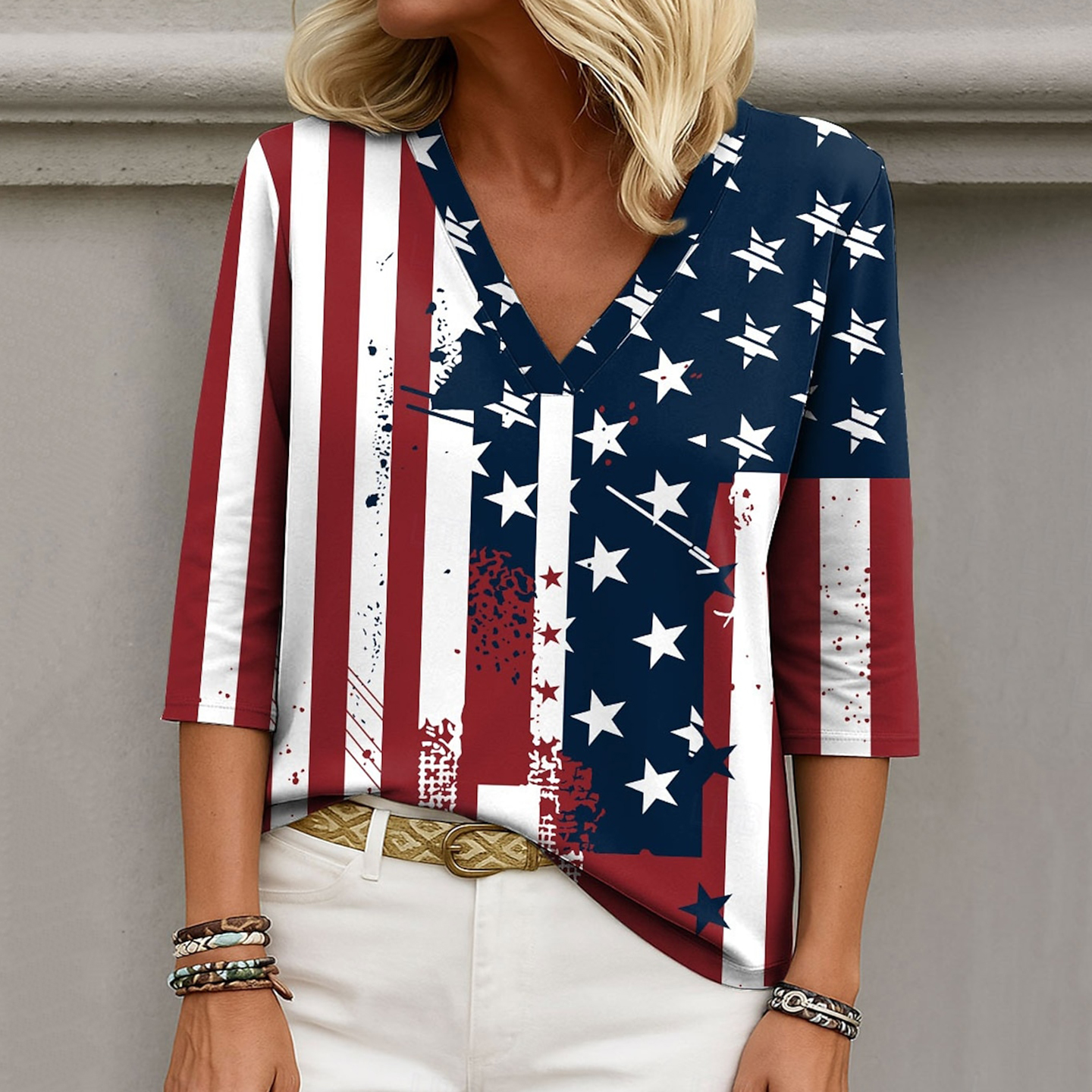 Independence Day Flag Print V Neck Loose T-shirt elevenforest