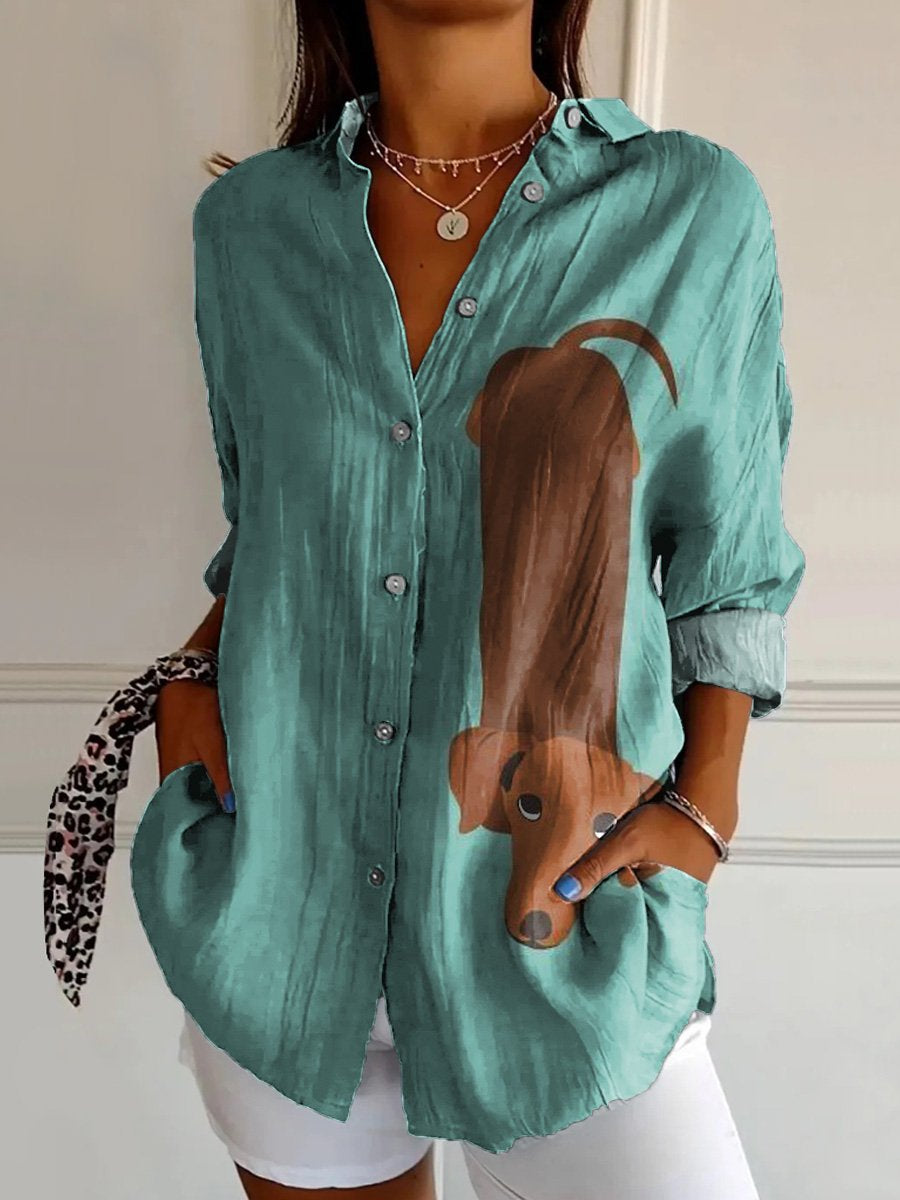 Funny Dachshund Dog Graphic Printed Women's  Print Casual Cotton Shirt