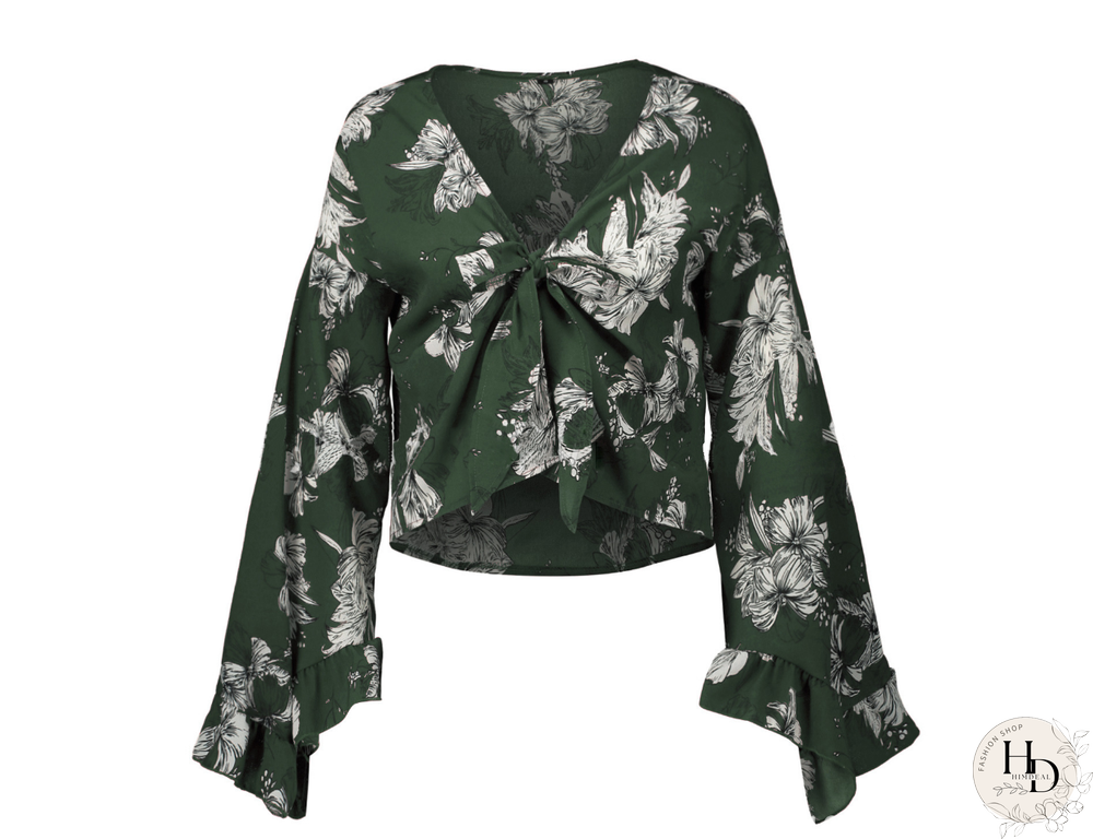 Long Sleeve Floral V-Neck Irregular Hem Top