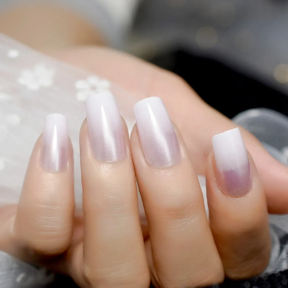 Pearl Shine Glossy Fake Nails Shimmer White Square Ombre French Nail Faux Ongles Gradient Medium Fingernails with Gluetabs-Nail Inspo