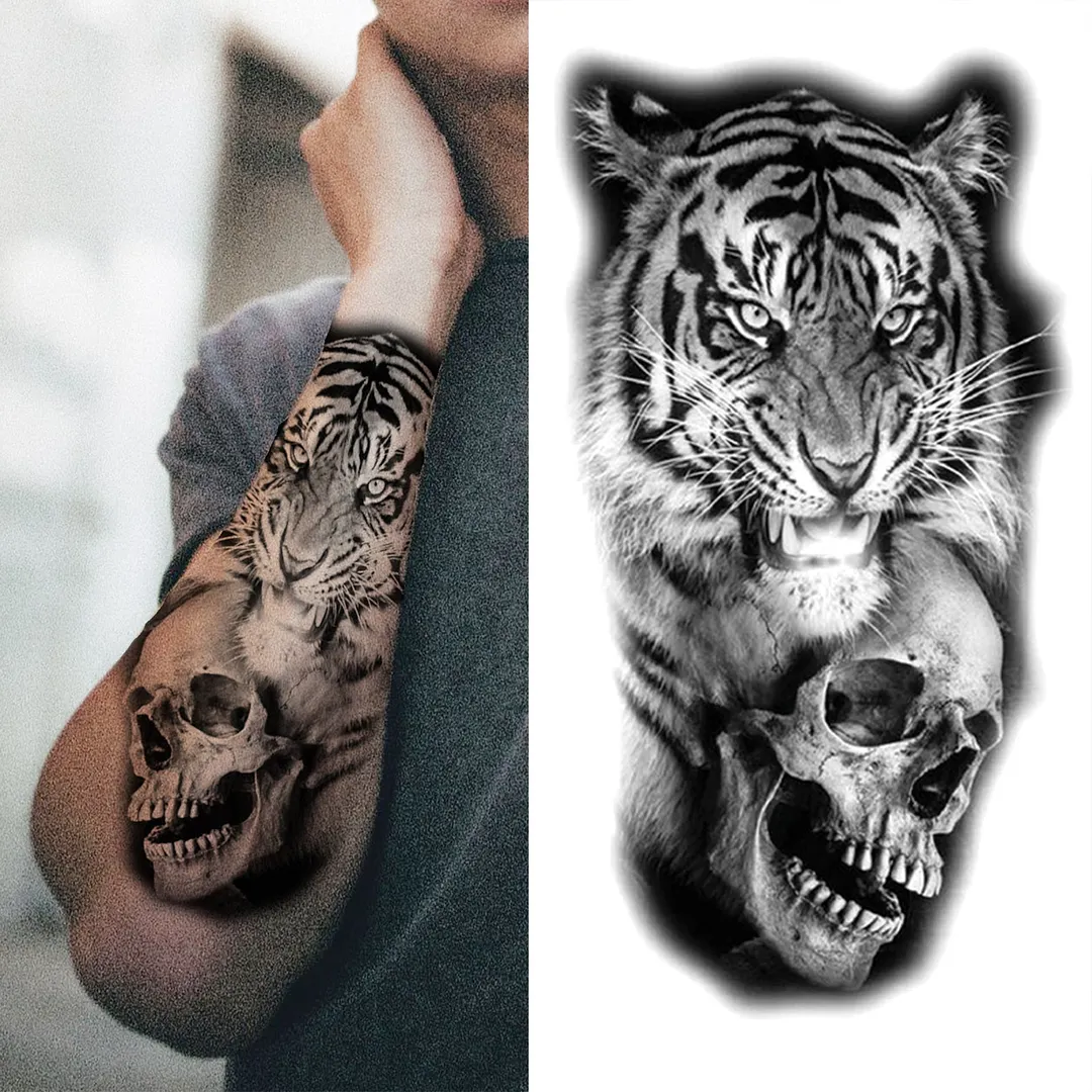 Lion King Crown Temporary Tattoos For Women Men Adult Black Tiger Forest Skull Tattoo Sticker Fake Skeleton Fashion Tatoo Flower