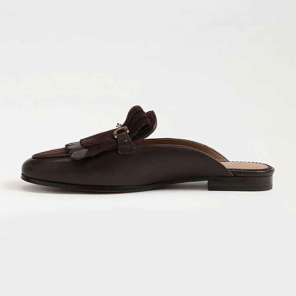 Chic Brown Round Toe Fringe Slip On Snaffle Buckle Flat Mules
