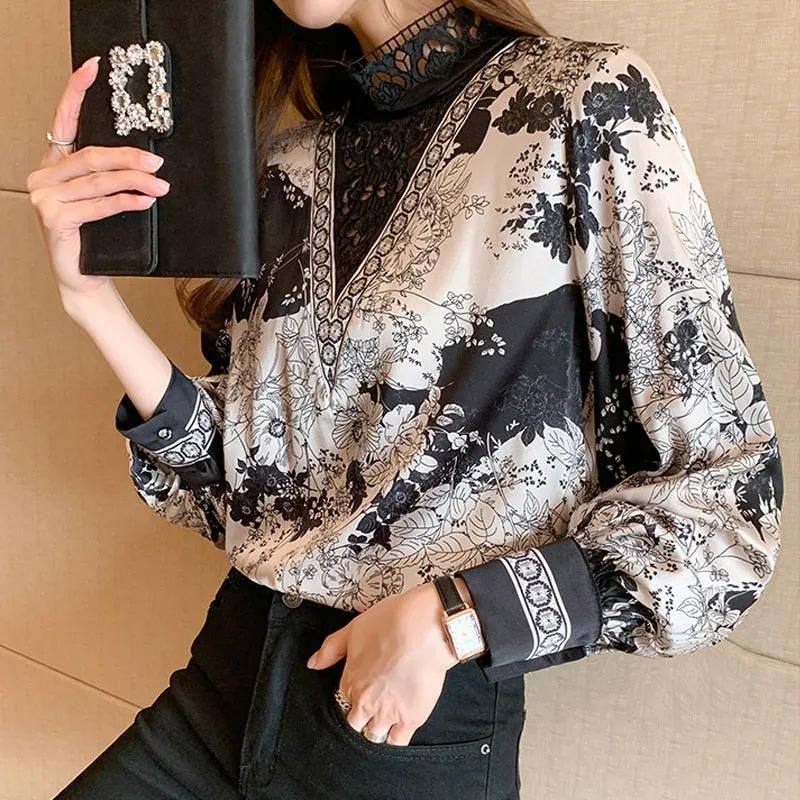 Casual Plus Size Stand Collar Female Shirts New Elegant Floral Blouse Women Long Sleeve Lace Stiching Printing Ladies Tops 16109