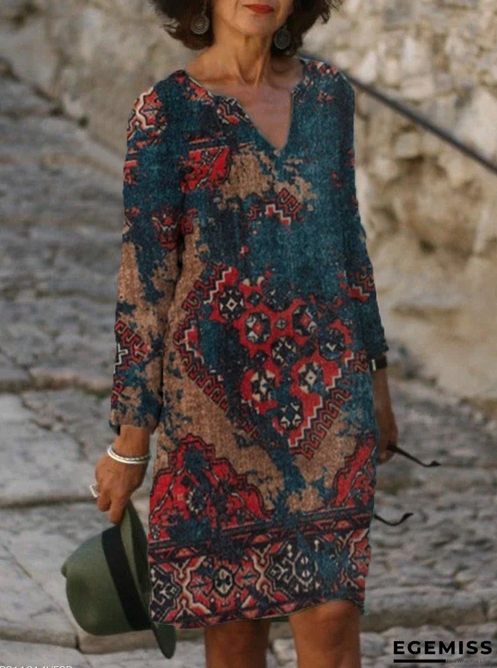 Casual Vintage Geo Print V-neck Long Sleeve Midi Dress Women | EGEMISS