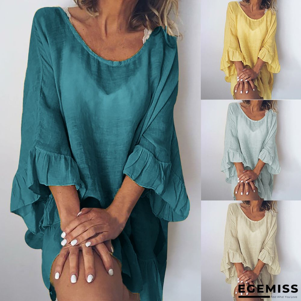 Cotton Solid Color Dress Stitching Lotus Leaf Sleeve Loose Beach Blouse | EGEMISS