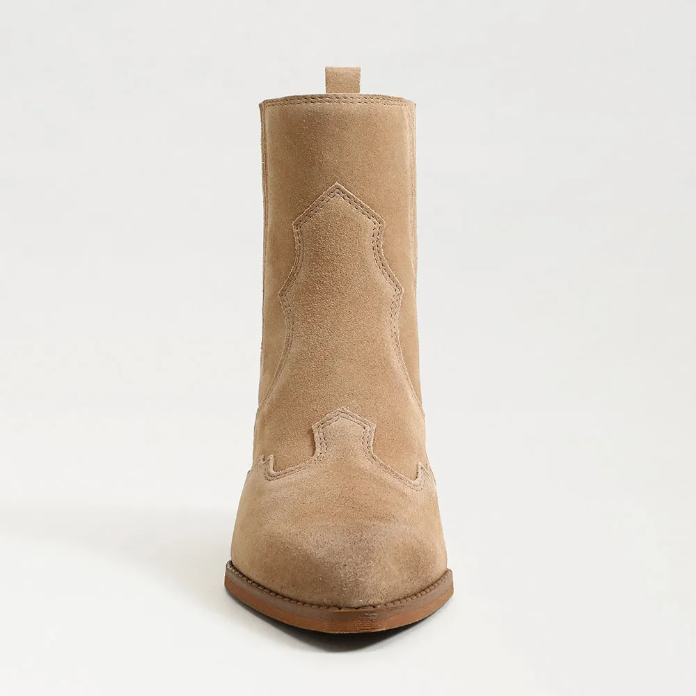YDN Tan Mid Chunky Heel Comfortable Stitching Pointed Toe Boots