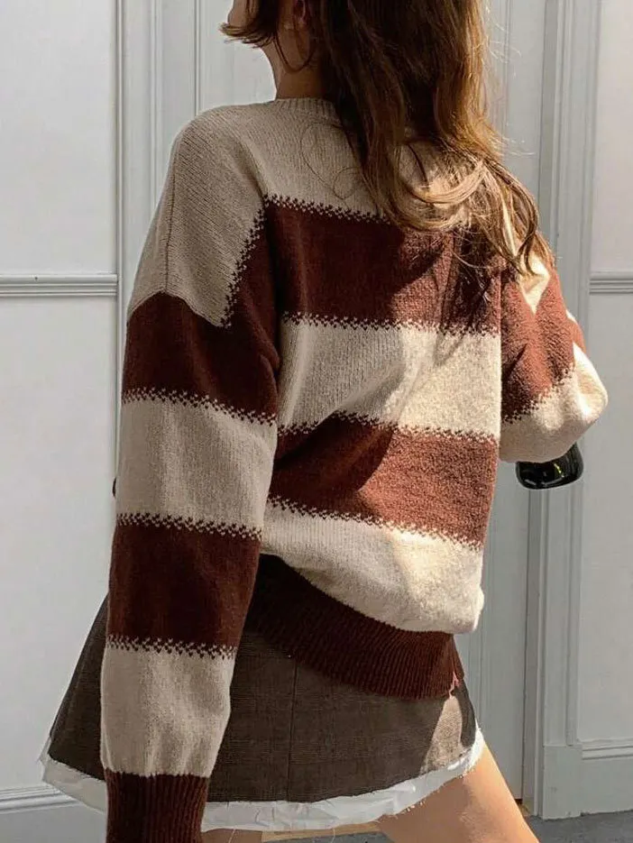 Nigikala Nigikala Wind Stripe Bumpy Long-Sleeved Knitted Shirt Women's Autumn Collar Collar Temperament Top Sweater