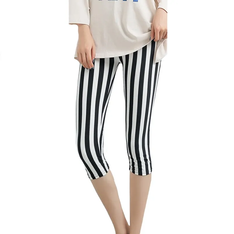 CUHAKCI Women's Calf-Length Leggings Print Grid Short Pant Mujer Casual Elasticity Stripe Fitness Leggins