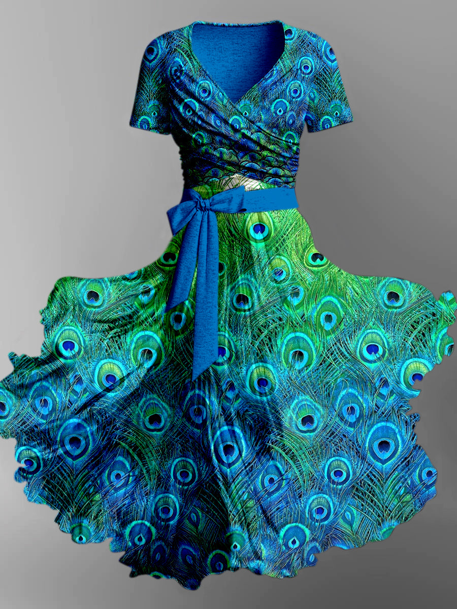 Peacock Feather Print Vintage V-Neck Short Sleeve Two-Piece Midi Dress