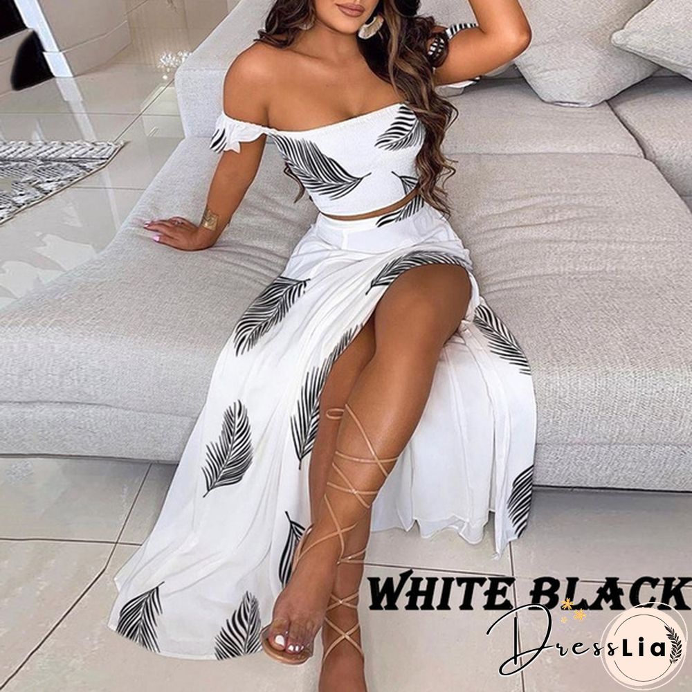 New Women's Sexy Tube Top Print Dress Split Long Skirt Summer Off-Shoulder Beach Dress Mini Skirt Set Plus Size