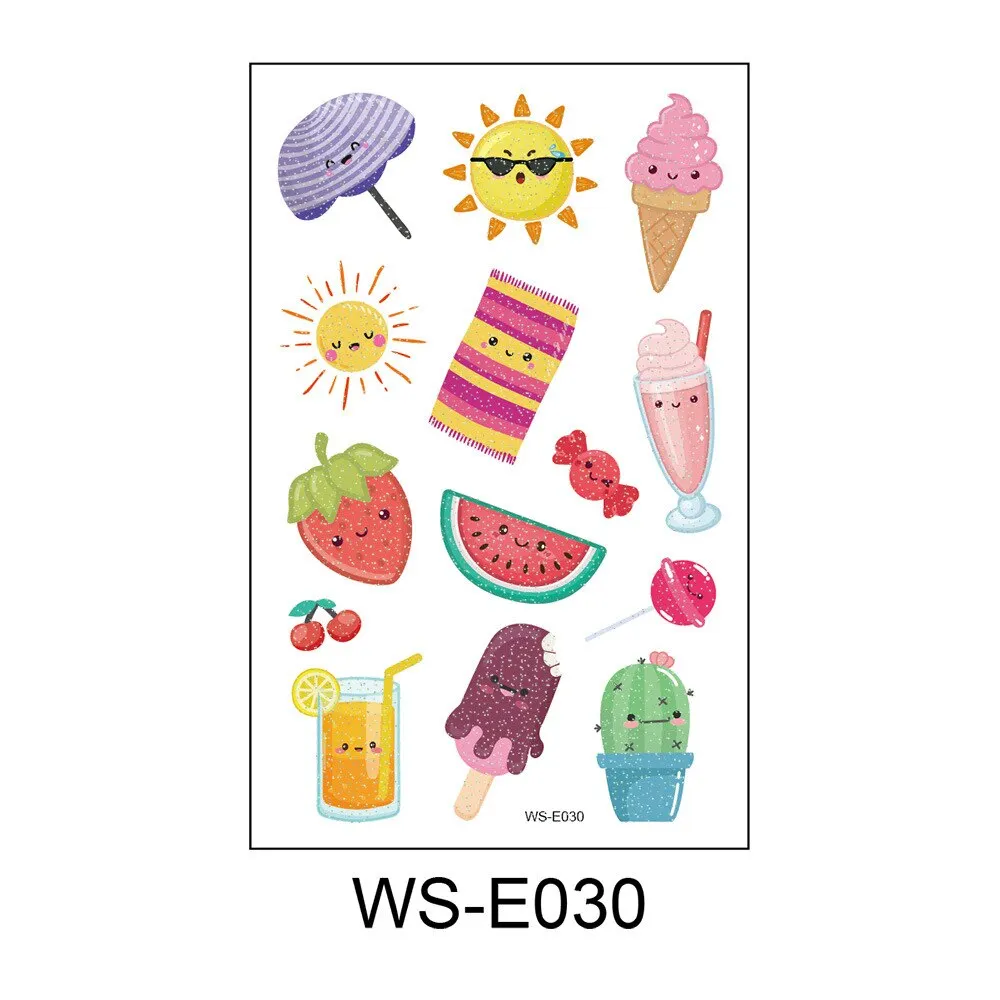 10 Kinds Glitter Powder Children Tattoo Cartoon Fruits Cute Makeup Temporary Body Arm Stickers Disposable Tatouage Temporaire