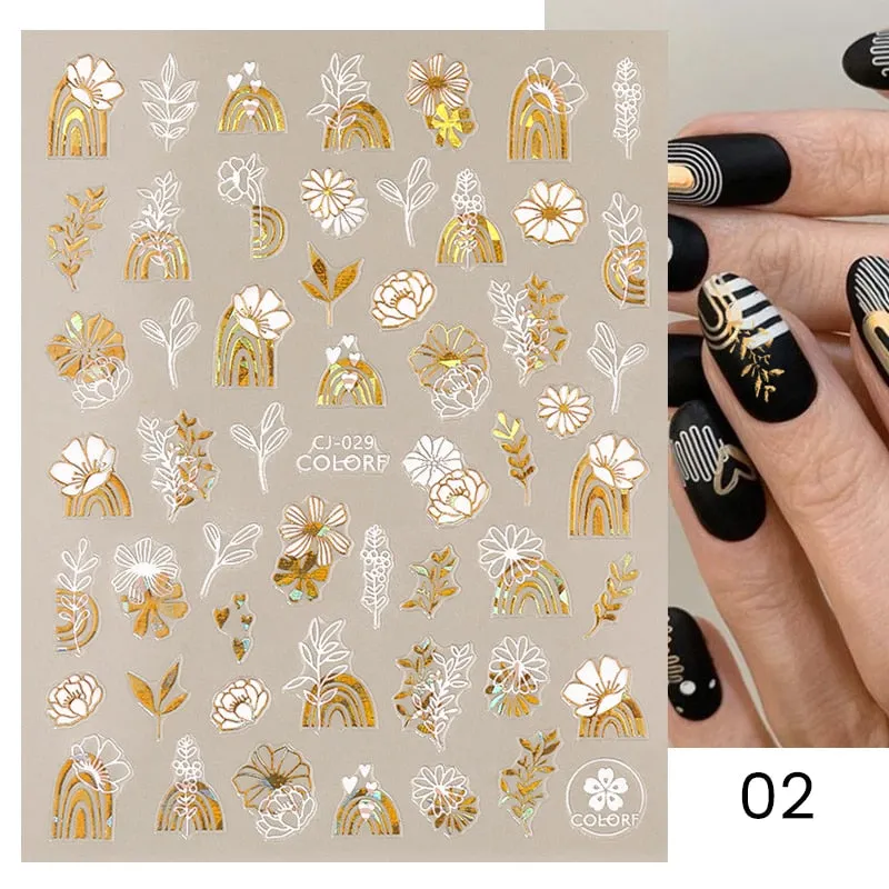 1 Pc 3D Nail Stickers Leaves Sliders for Nails Gold White Bronzing Flowers Gradient Adhesive Sticker Nail Design Art Decorations-Nail Inspo